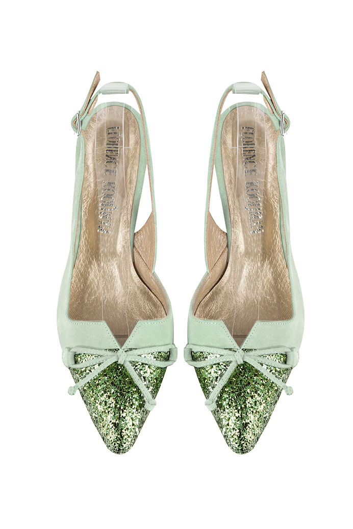 Mint green women's open back shoes, with a knot. Tapered toe. Medium spool heels. Top view - Florence KOOIJMAN
